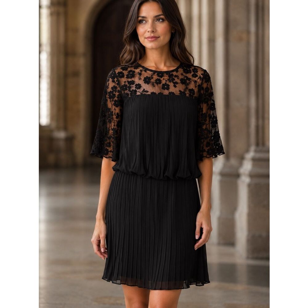 Modcloth Forever Unique Dauntless Dahlias Tiered Mini Dress Pleated Black 8 NWT